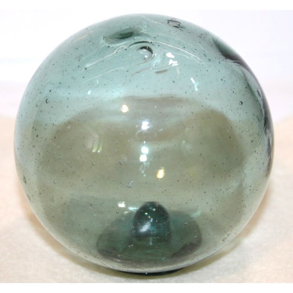 Japanese Green Glass Fishing Net Float Buoy 3" Hand Blown Ball Bubbles Vintage